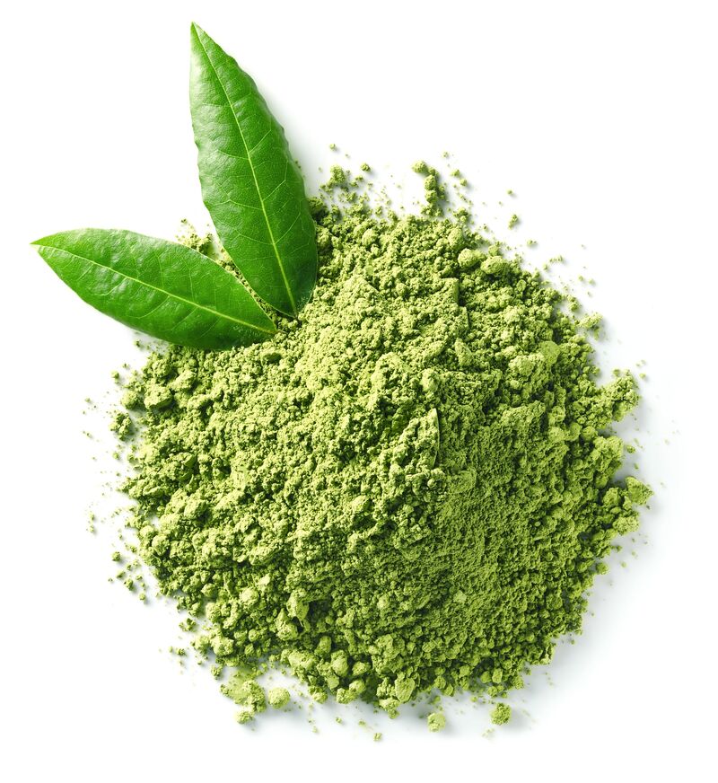 Finely ground green herb powder with fresh leaves